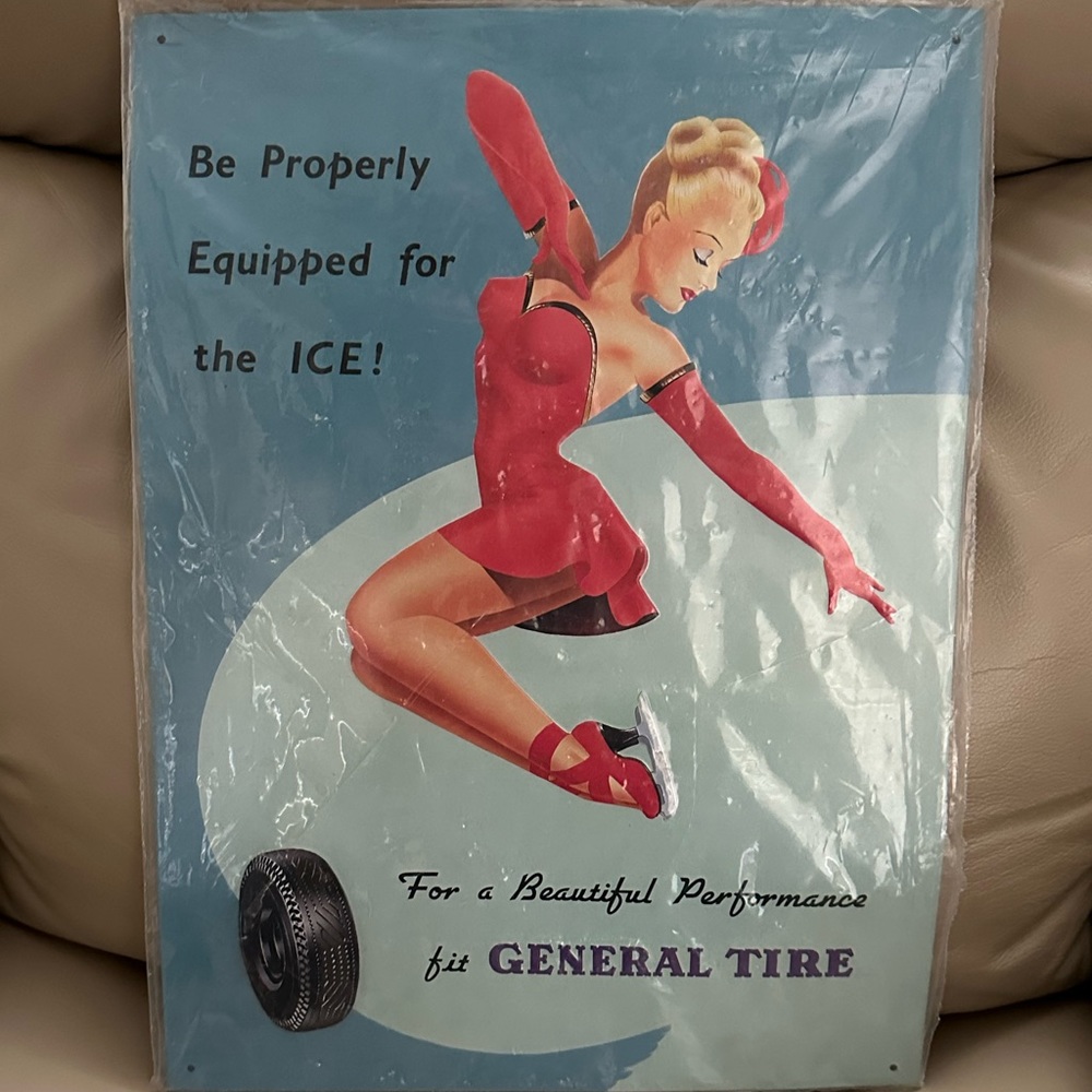 Vintage Tin Advertisement Figurine Skating Theme for Tire Company